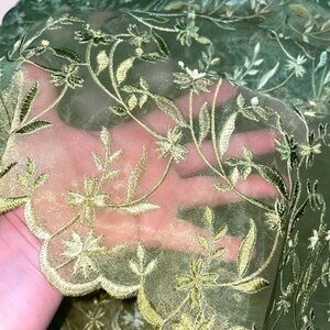 Tablecloth Fabric Sheer Organza Green Golden Embroidered Leaves  46”W X 134” L